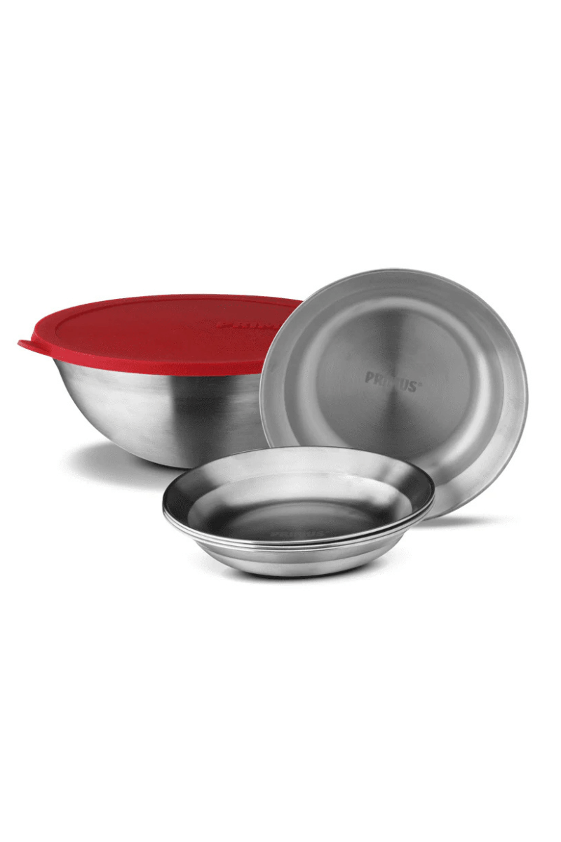 CAMPFIRE SERVING KIT STAINLESS STEEL Edelstahl mit Servierschüssel und 4 Tellern Freisteller