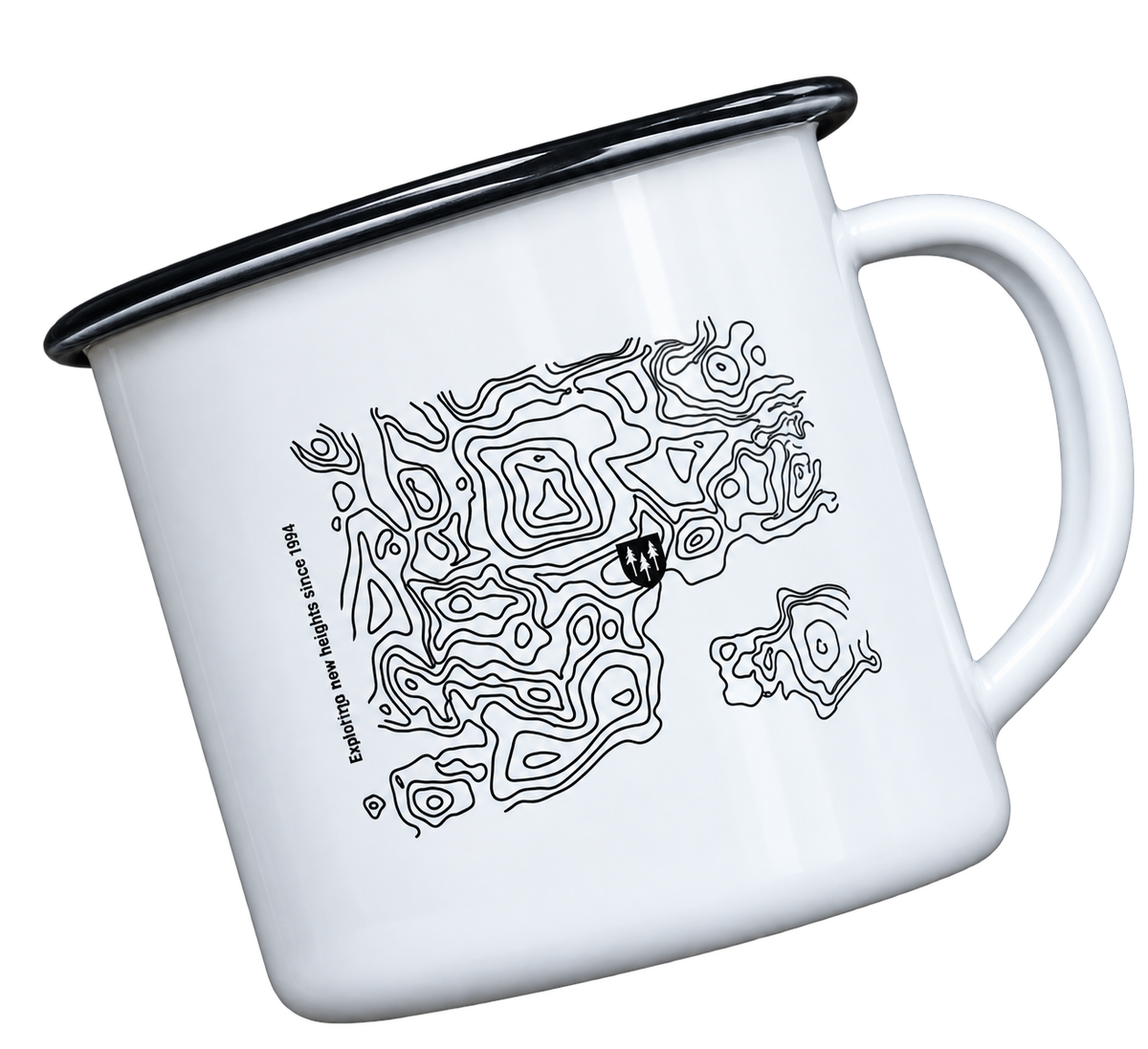 Weiße Tasse mit schwarzem Rand, Henkel und schwarzem topografischem linienmotiv fürs Campen