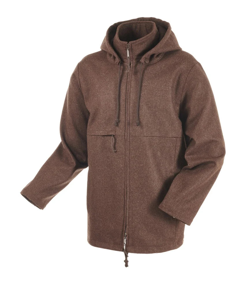 Braune Hubertusloden Lodenjacke Naturfreund mit Kapuze, Stehkragen und durchgehendem Reißverschluss vor weißem Hintergrund.