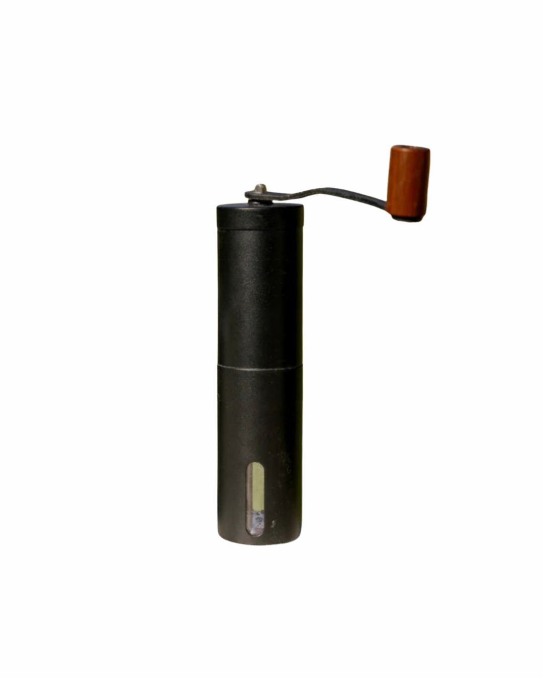 Schwarze Handkaffeemühle mit Kurbel von Lambda, braunem Holzgriff und Sichtfenster vor weißem Hintergrund