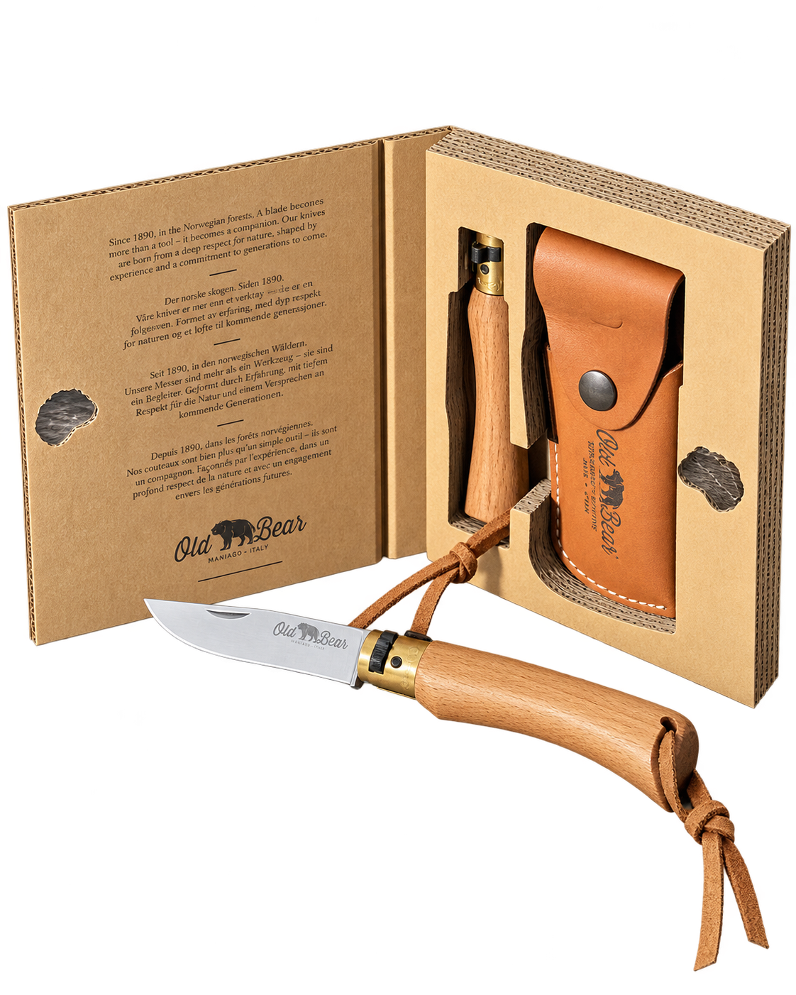 Old Bear Messer-Geschenkset in geöffneter Geschenkverpackung mit Holzgriff-Taschenmesser und braunem Lederetui