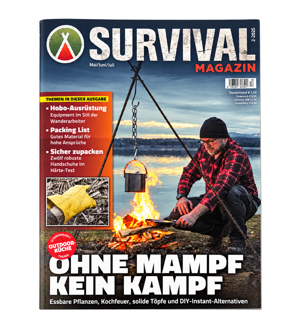 Survival Magazin 2/2025: „Ohne Mampe kein Kampf“, mit Outdoor-Küche am Lagerfeuer auf dem Titelbild