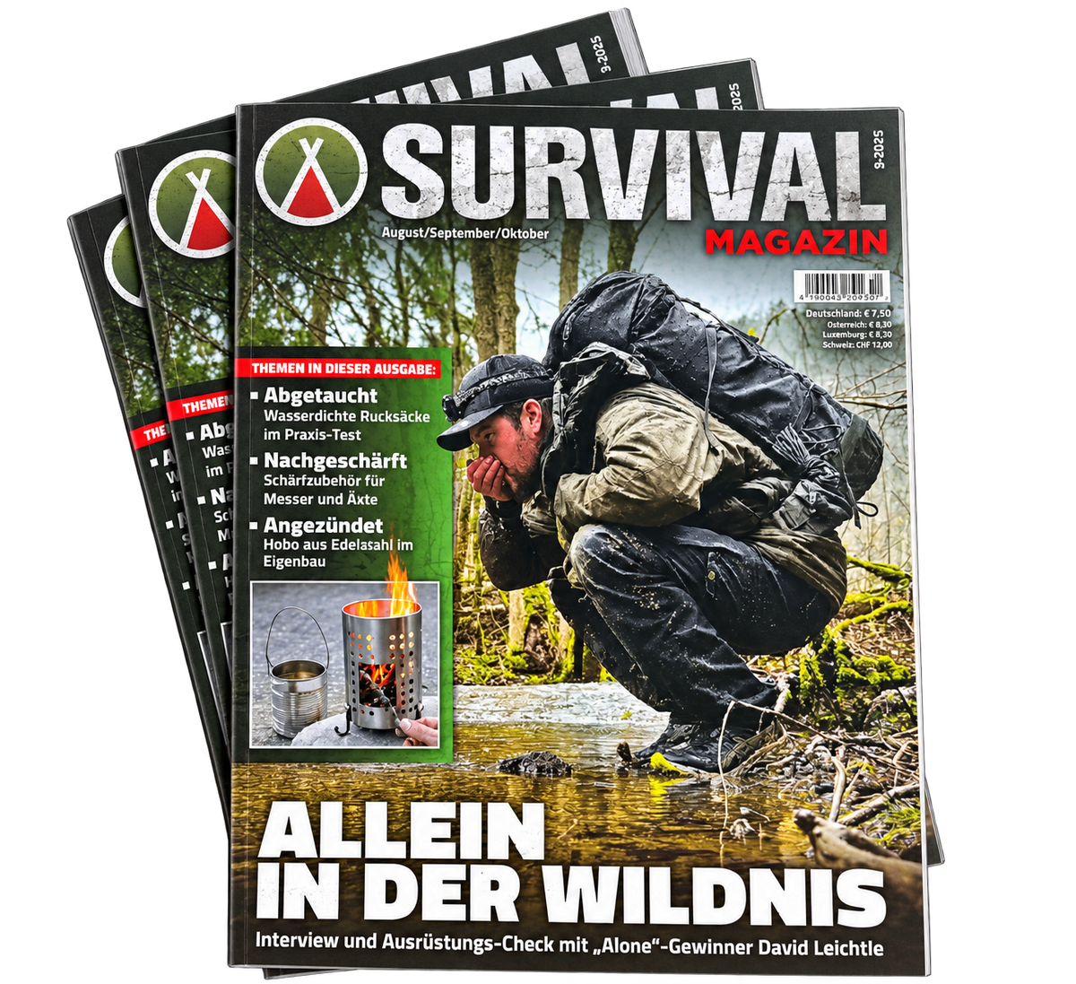 Gestapelte Ausgaben des Survival Magazins mit dem Titel „Allein in der Wildnis“