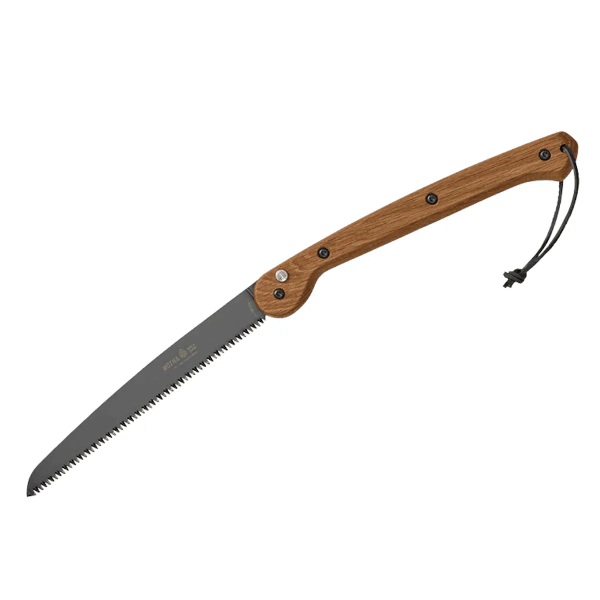Geöffnete Klappsäge mit dunklem Sägeblatt, braunem Holzgriff und schwarzer Schlaufe vor weißem Hintergrund