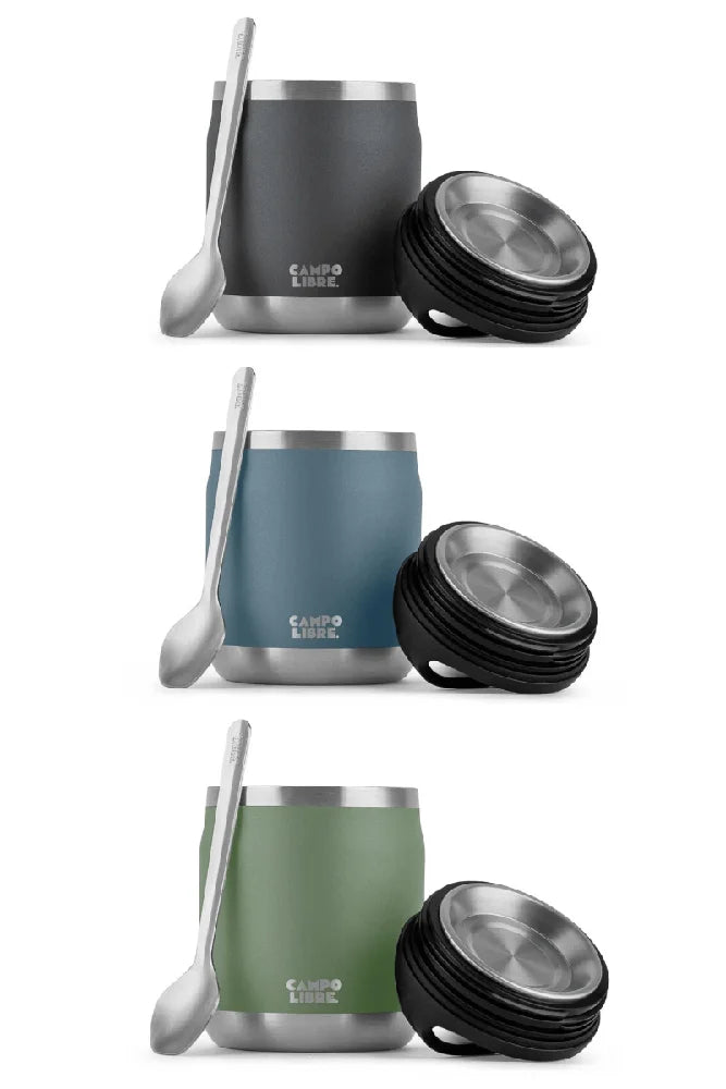 Campo Libre Edelstahl Thermobehaelter Lotta mit Loeffel in allen Farben als Uebersicht fuer Camping Outdoor und Meal Prep