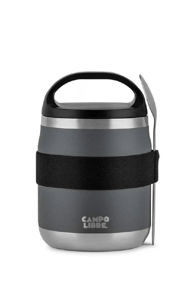 Campo Libre Edelstahl Thermobehaelter Lotta mit Loeffel in Deep Grey Grau als Freisteller fuer Camping Outdoor und Meal Prep