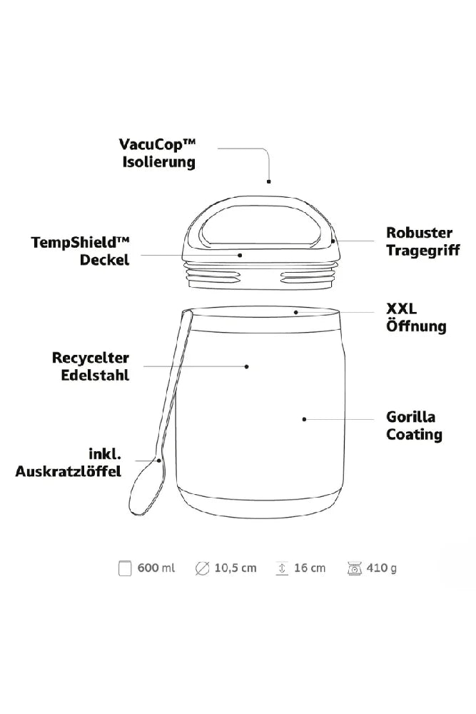 Campo Libre Edelstahl Thermobehaelter Lotta mit Loeffel Illustration des Aufbaus und der doppelwandigen Konstruktion