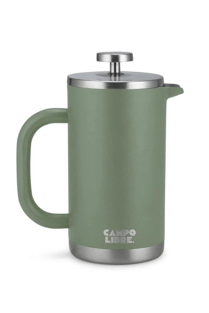 Campo Libre French Press Giorgio 1000ml in Moss Green – Seitenansicht als Freisteller der doppelwandigen Edelstahl-Kaffeepresse für Camping, Outdoor und Vanlife