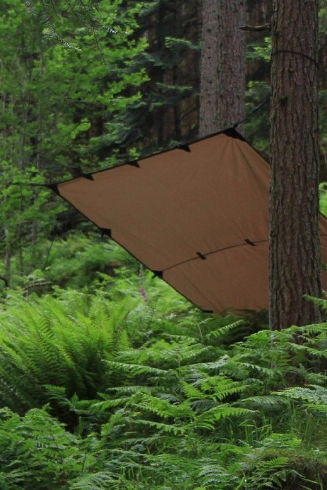 DD Hammocks Tarp 3 x 3 m in Coyote Braun im Einsatz auf einem Waldlagerplatz