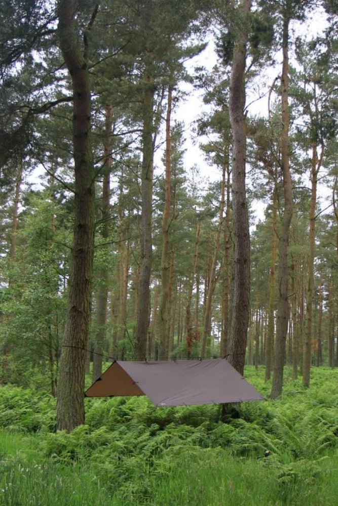 DD Hammocks Tarp 3 x 3 m als Wetterschutz zwischen Bäumen gespannt
