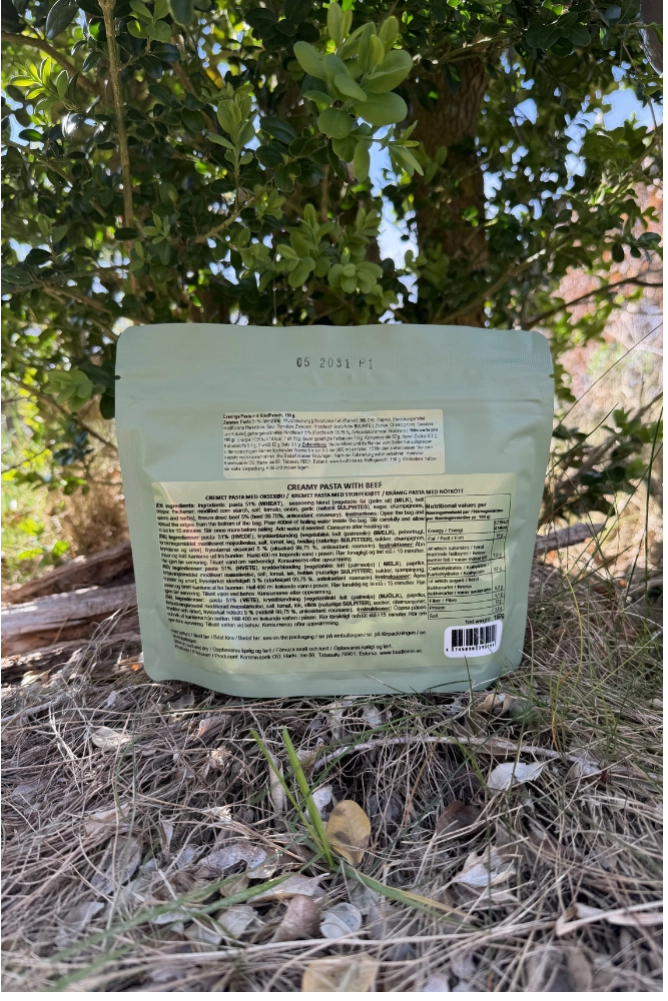 Cremige Pasta mit Rindfleisch von Food Force 150 g als praktische Outdoor-Mahlzeit für Trekking und Camping