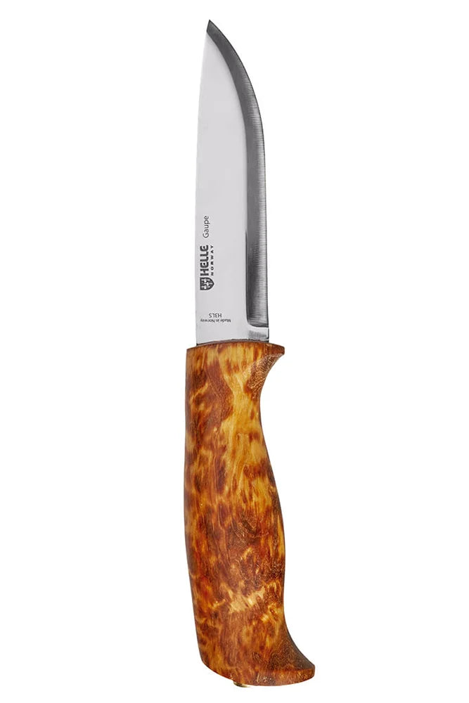 Helle Gaupe Messer mit Birkenholzgriff im Detail als hochwertige Griffaufnahme