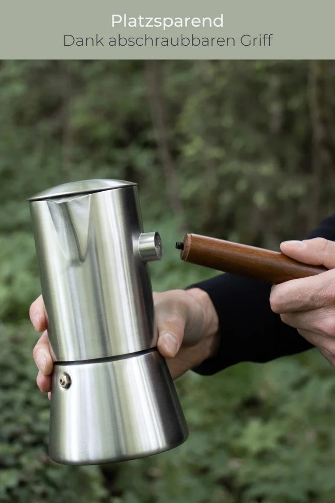 Lambda Coffee Espressokocher aus Edelstahl mit abschraubbarem Griff Detailansicht fuer Camping und Outdoor
