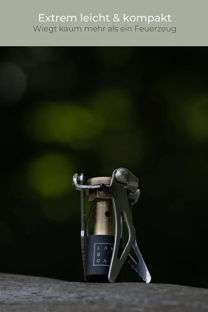 Detailaufnahme des Lambda Coffee Gaskochers Fuoco – leichter & kompakter Outdoor-Gaskocher für Camping, Reisen & Vanlife
