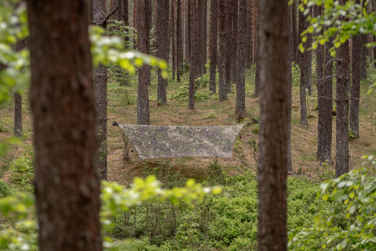 Seitenansicht des LESOVIK HEKSA FARBA F2.1 Tarps im Wald