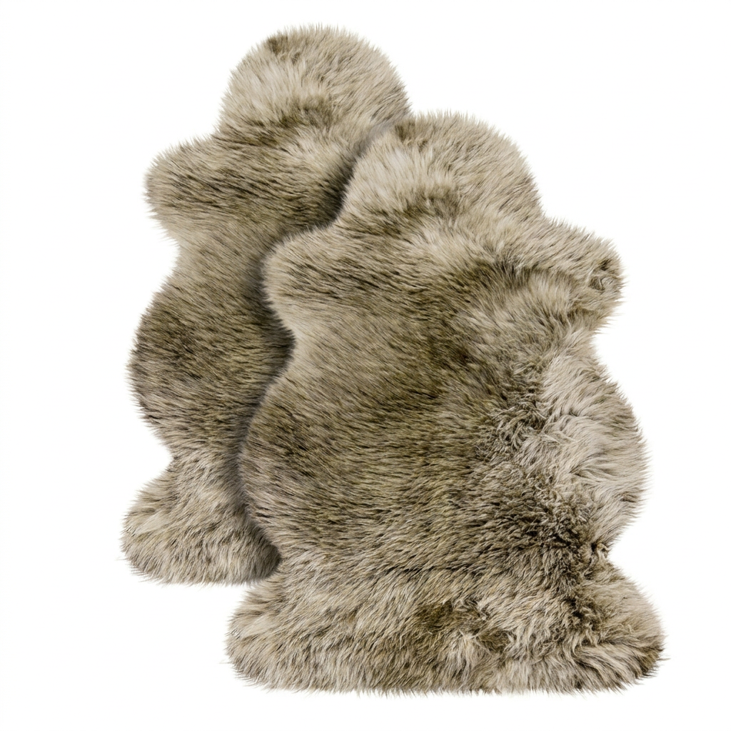 Zwei Merino Schaffelle von Fritz & Frei im 2er-Set in Taupe, versetzt übereinander gelegt, von oben auf weißem Hintergrund