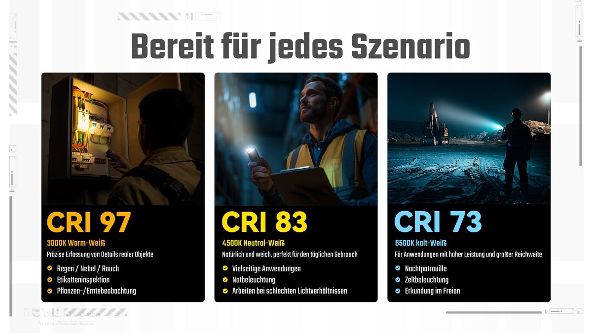 Vergleich der drei Farbtemperaturen der Nitecore EDC07 mit unterschiedlichen Outdoor-Einsatzbereichen