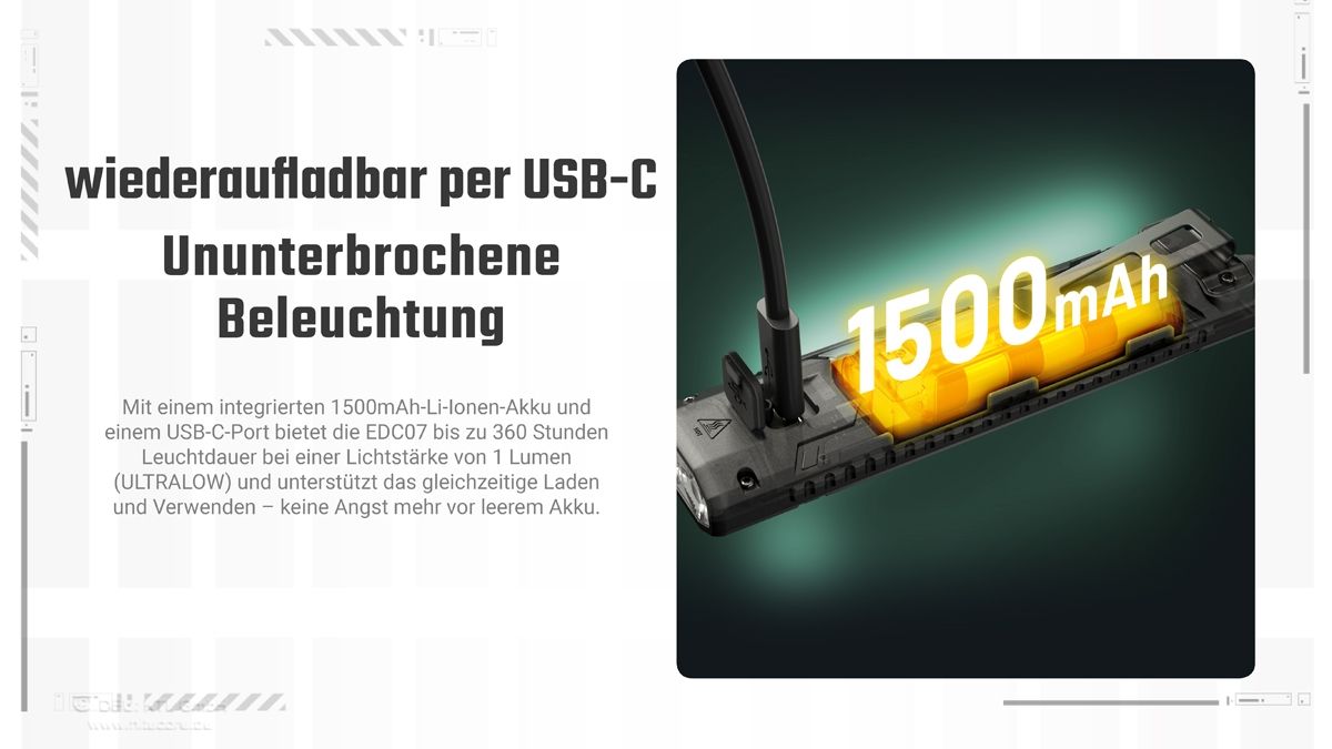 Nitecore EDC07 Taschenlampe mit Darstellung des USB-C-Ladeanschlusses