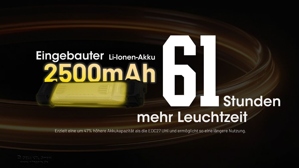 Nitecore EDC29 mit Darstellung des integrierten Lithium-Ionen-Akkus mit 2500 mAh