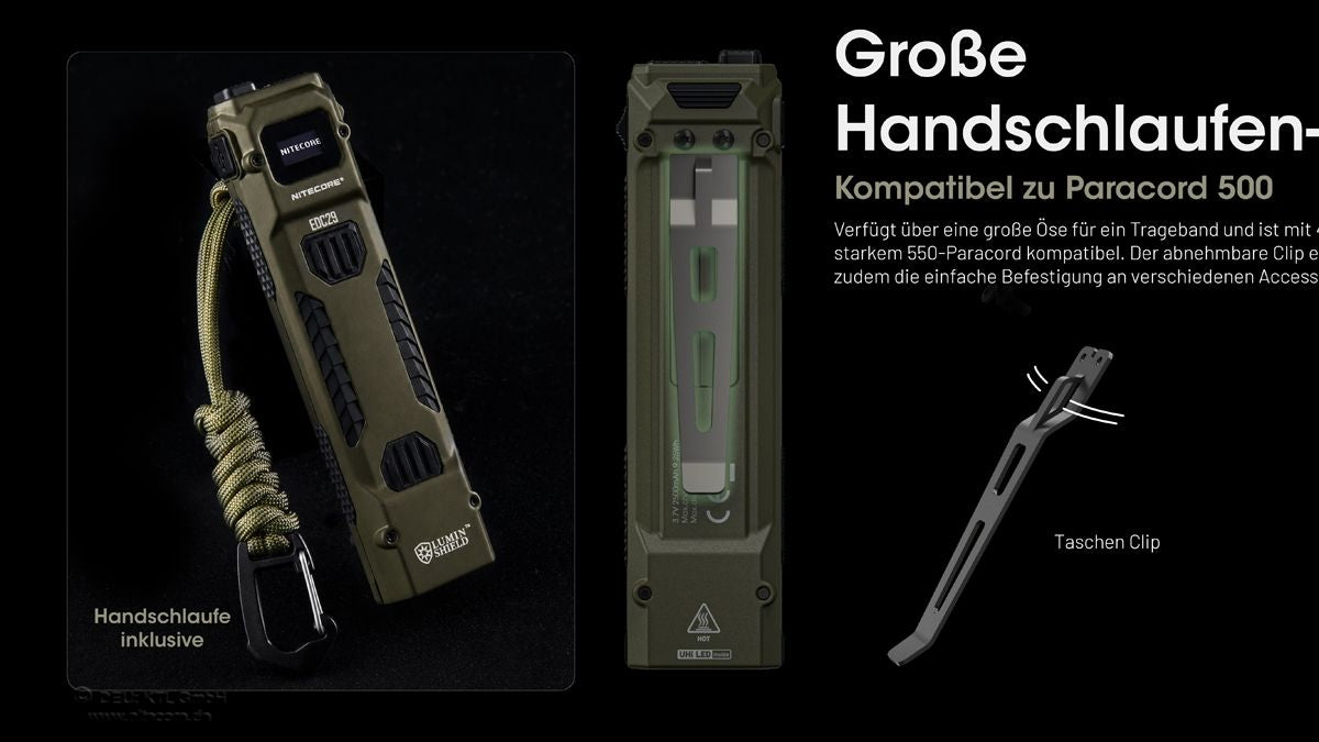 Detail der großen Handschlaufenöffnung der Nitecore EDC29 für Paracord-Befestigung