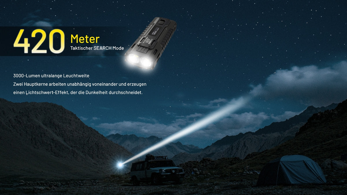 Darstellung des SEARCH-Modus der Nitecore EDC37 mit 420 Metern maximaler Leuchtweite