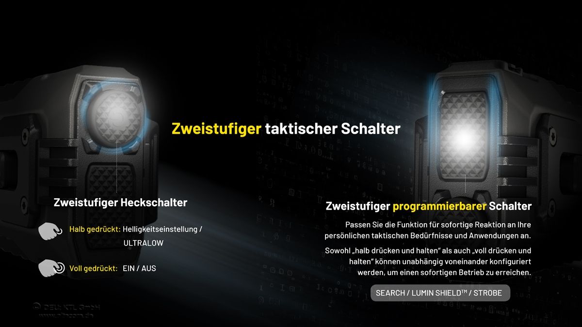 Detailansicht des zweistufigen taktischen Heckschalters der Nitecore EDC37