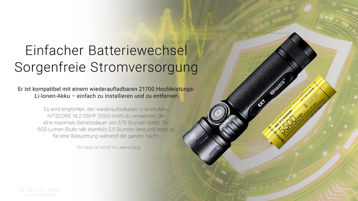 Nitecore EX7 – einfacher Akkuwechsel (21700) für schnelle Einsatzbereitschaft
