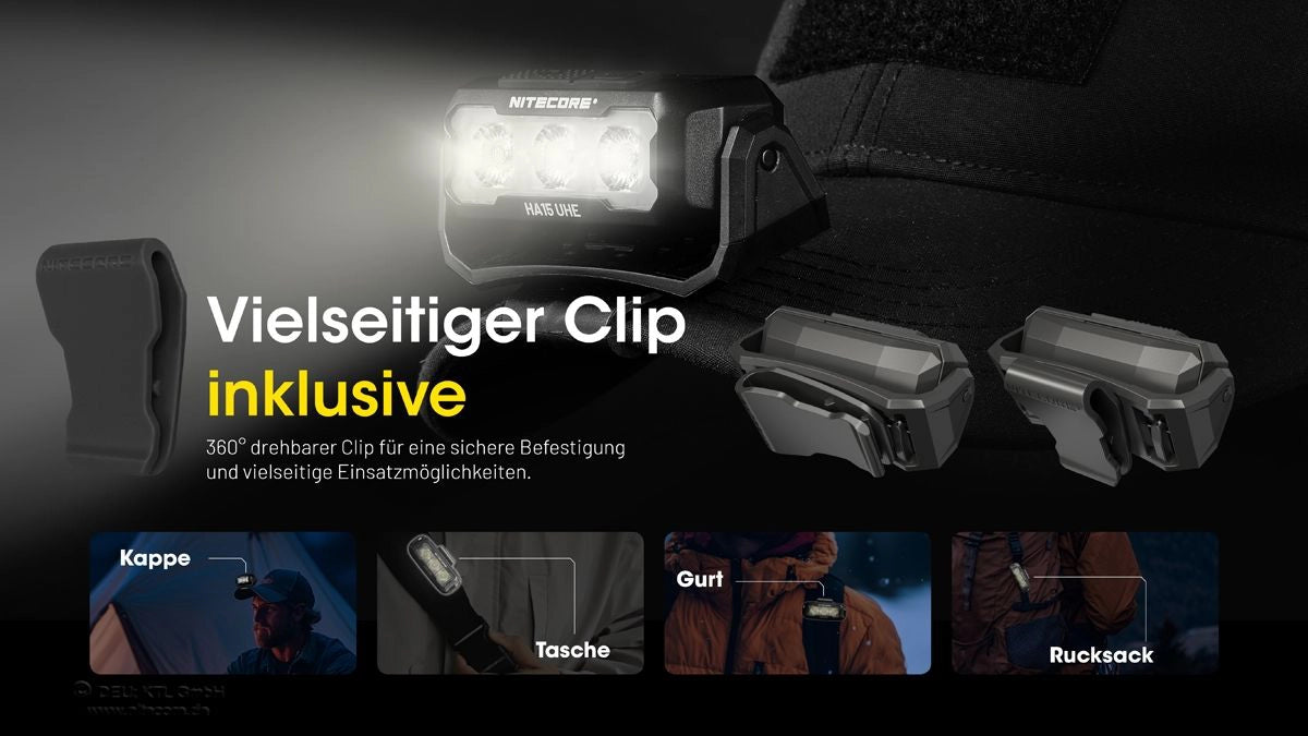 Nitecore HA15 UHE Clip inklusive für flexible Befestigung an Kappe, Rucksack oder Ausrüstung