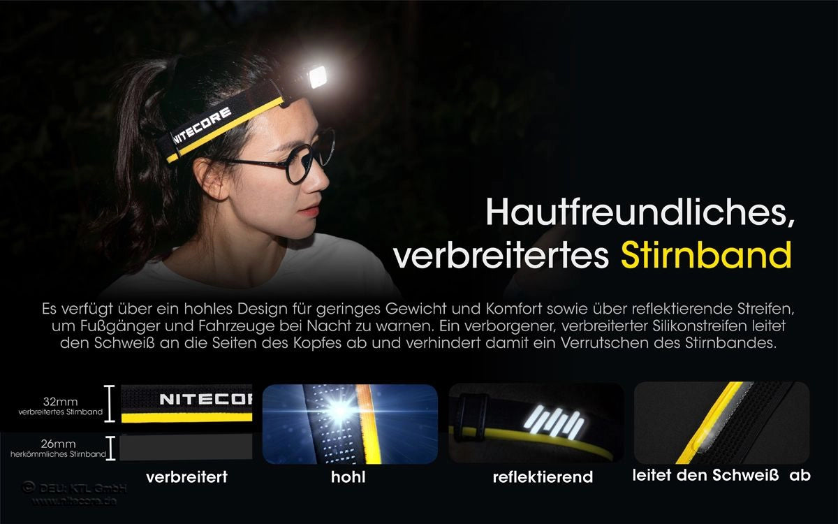 Verbreitertes, hautfreundliches Stirnband der Nitecore NU43 für hohen Tragekomfort