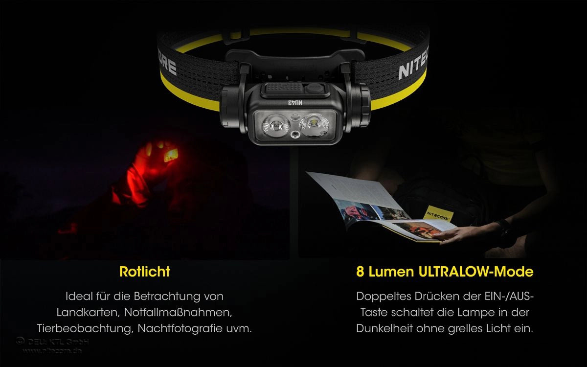 Nitecore NU43 mit Rotlicht und Ultralow Modus für Nachtsicht und Kartenlesen