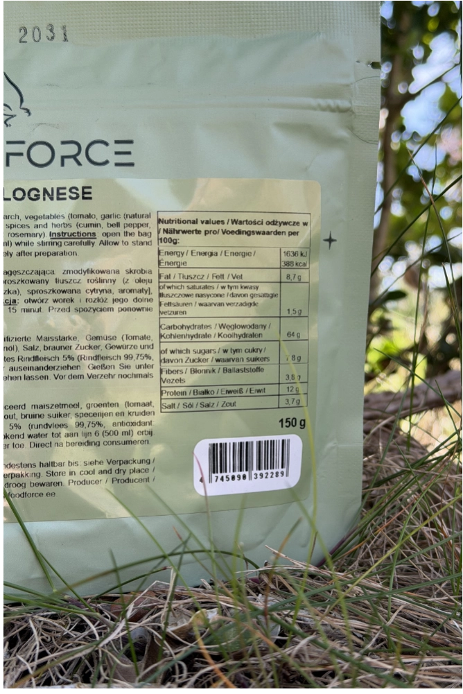 Food Force Pasta Bolognese 150 g als Trekkingessen mit Rindfleisch, Tomatensauce und Pasta für Camping und Outdoor