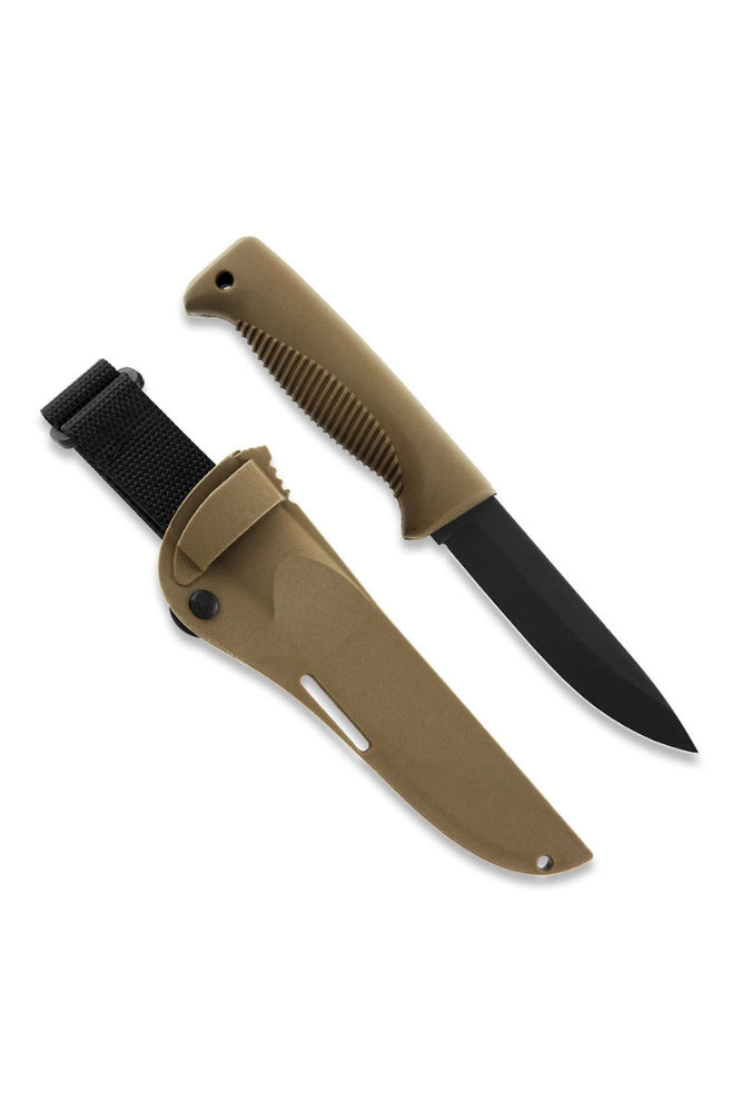 Peltonen M07 Ranger Puukko Messer coyote neben Hülle links Freisteller