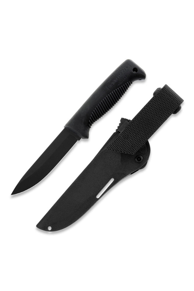 Peltonen M07 Ranger Puukko Messer schwarz neben Hülle links Freisteller