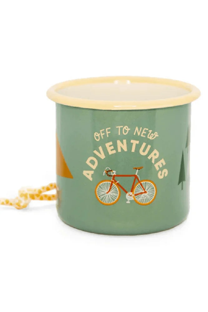 Roadtyping Emaille Tasse Bike als Freisteller fuer Outdoor, Camping und Vanlife