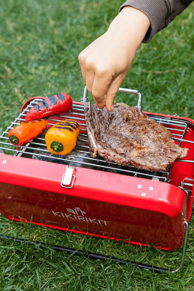 Stylischer Koffer-Grill tragbarer Holzkohlegrill in rot mit Fleisch