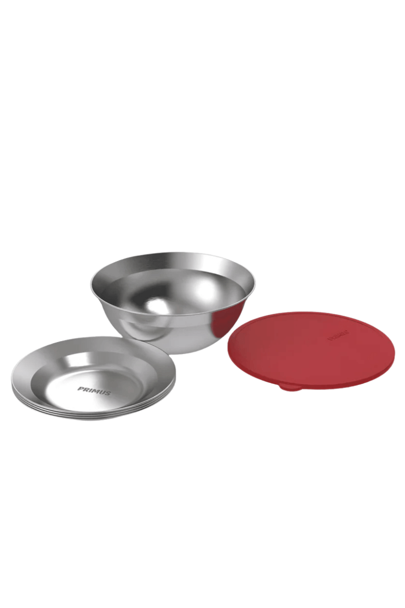 CAMPFIRE SERVING KIT STAINLESS STEEL Edelstahl mit Servierschüssel und 4 Tellern Freisteller robust und langlebig