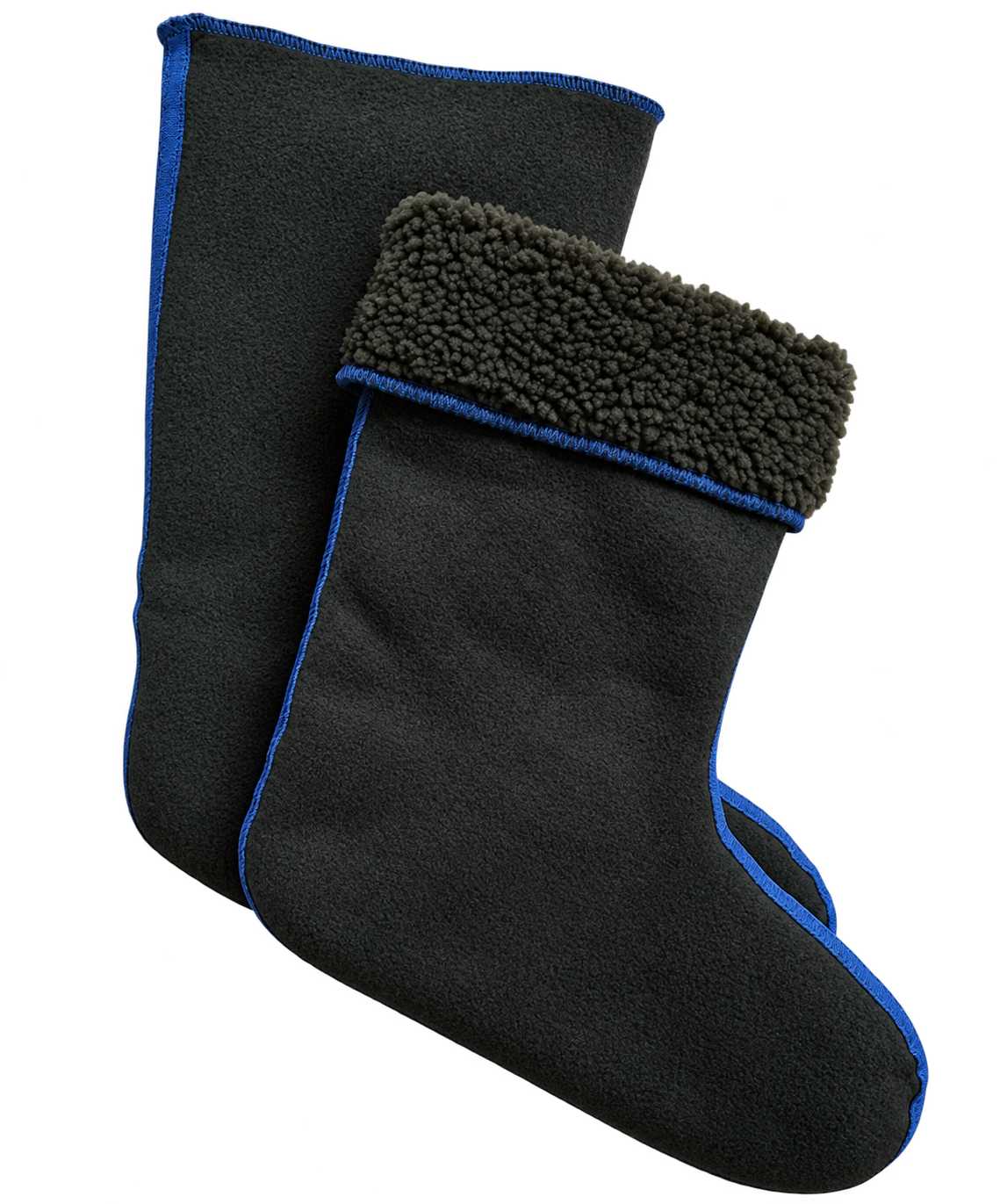 Zwei schwarze Stiefelwärmer mit blauen Nähten, einer mit umgeschlagenem Schaft und sichtbarer flauschiger Innenseite.