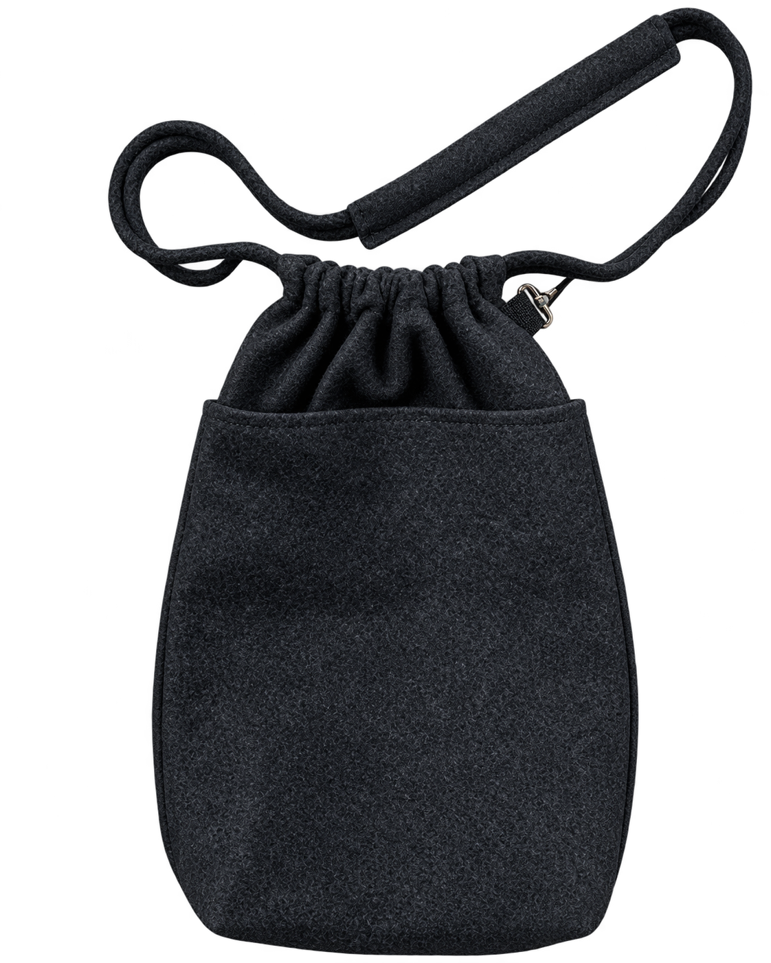 Anthrazitfarbene Filztasche mit Schulterriemen, Kordelzug und großer aufgesetzter Fronttasche in Vorderansicht.
