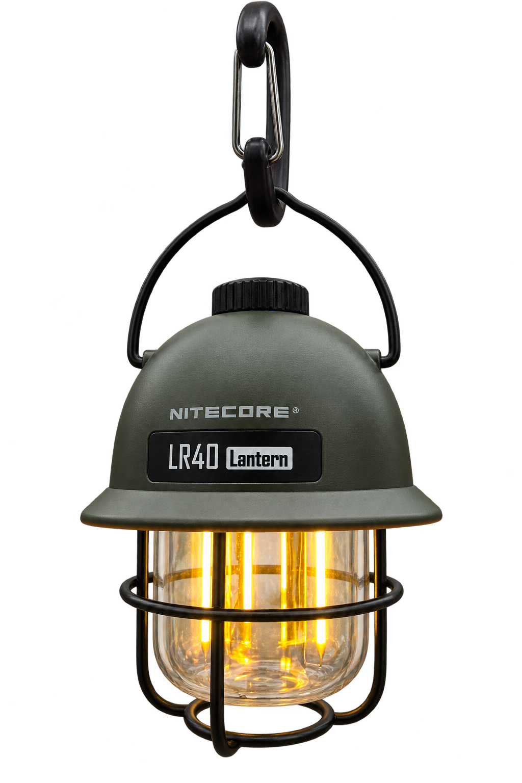 Olivgrüne NITECORE LR40 Laterne mit warmem Licht, schwarzem Schutzgitter und Aufhängebügel mit Karabiner