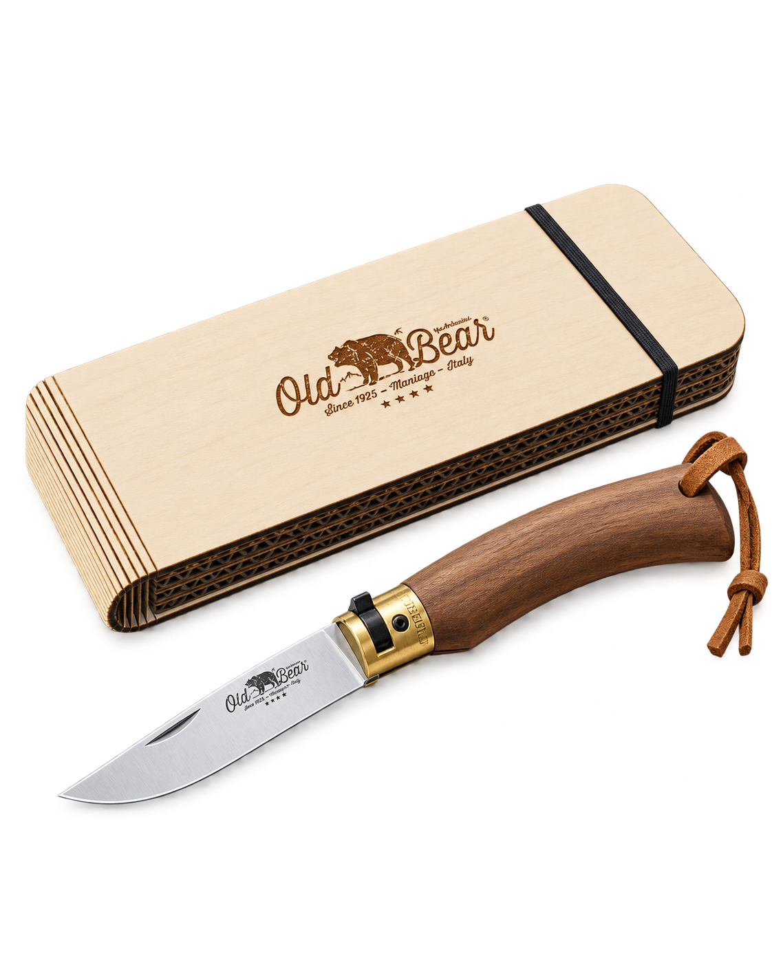 Geöffnetes Old Bear Taschenmesser mit braunem Holzgriff und Lederschlaufe neben einer geschlossenen Geschenkbox mit Old Bear Logo
