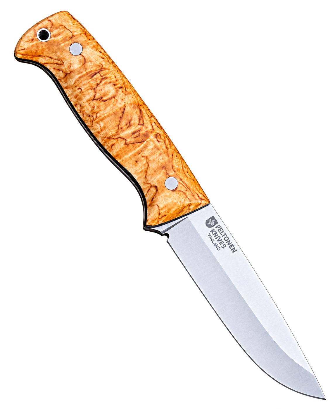 Peltonen Messer mit silberner Klinge und hellbraunem, stark gemasertem Holzgriff mit Fangriemenöse.