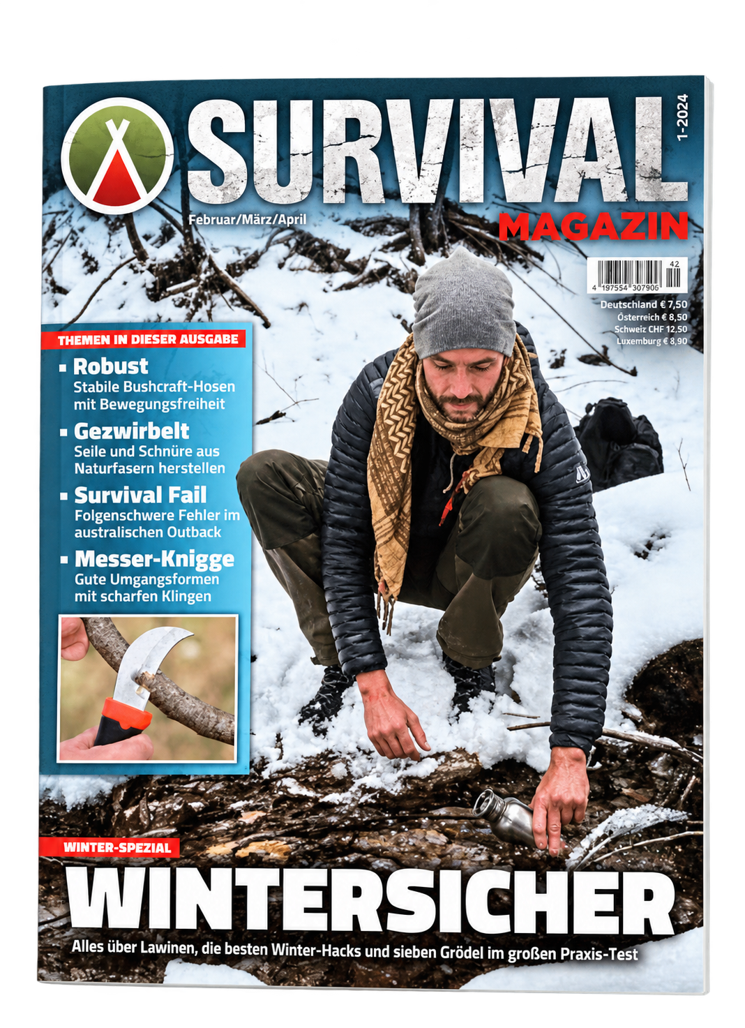 Survival Magazin 1/2024 „Wintersicher“, Titelbild mit einem Mann an einem Bach im verschneiten Wald