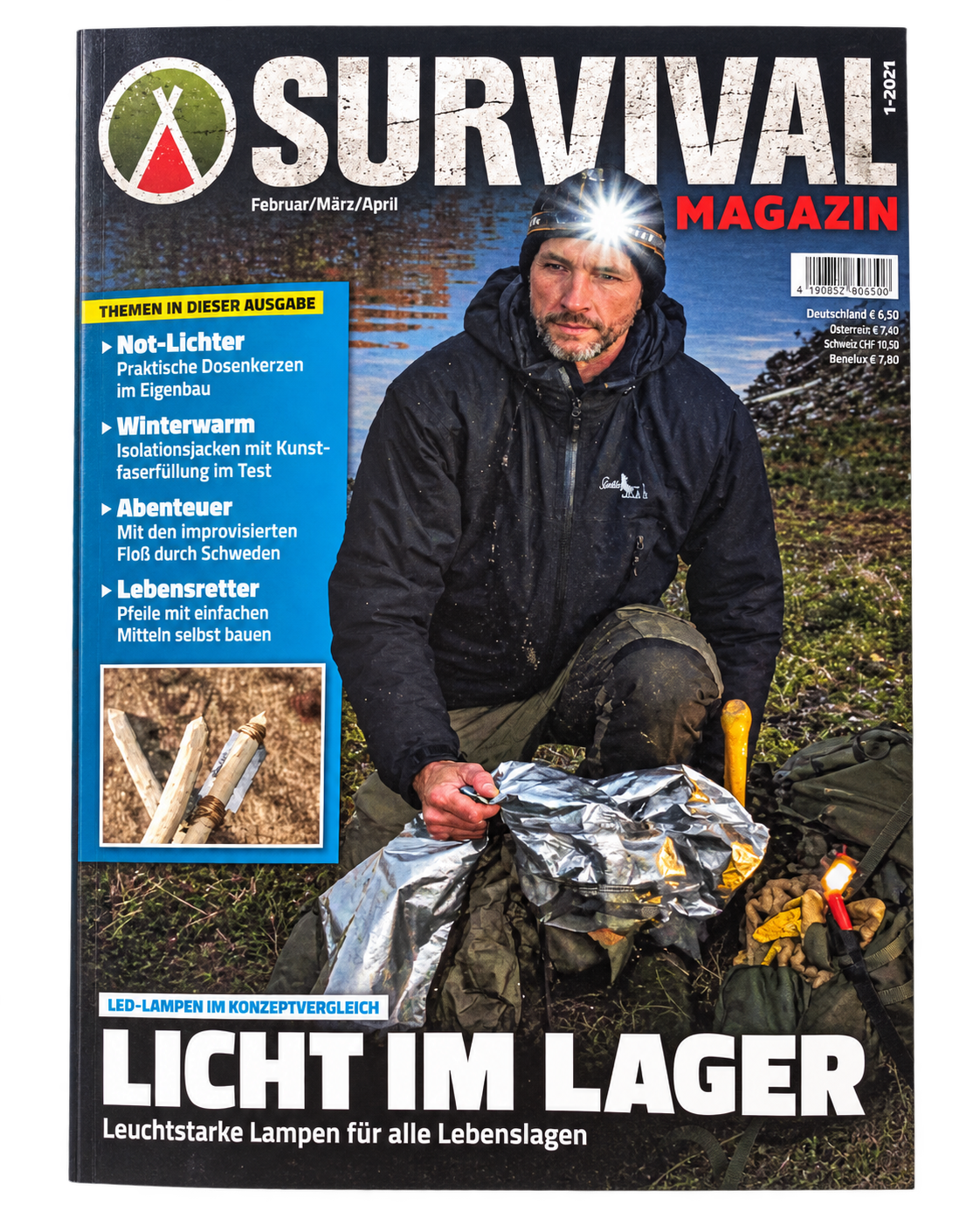 Survival Magazin 1/2021 „Licht im Lager“, Titelbild mit einem Mann mit leuchtender Stirnlampe im Freien
