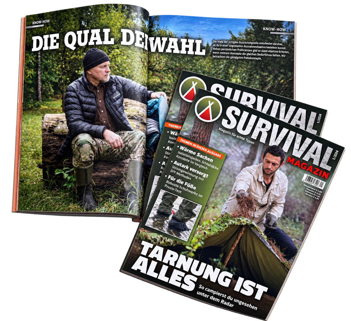 Survival Magazin mit dem Titel „Tarnung ist alles“ und aufgeschlagenen Innenseiten