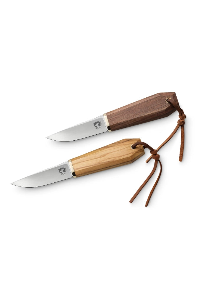 Antonini ELK Bushcraft-Messer in Olive und Walnuss nebeneinander, freigestellt