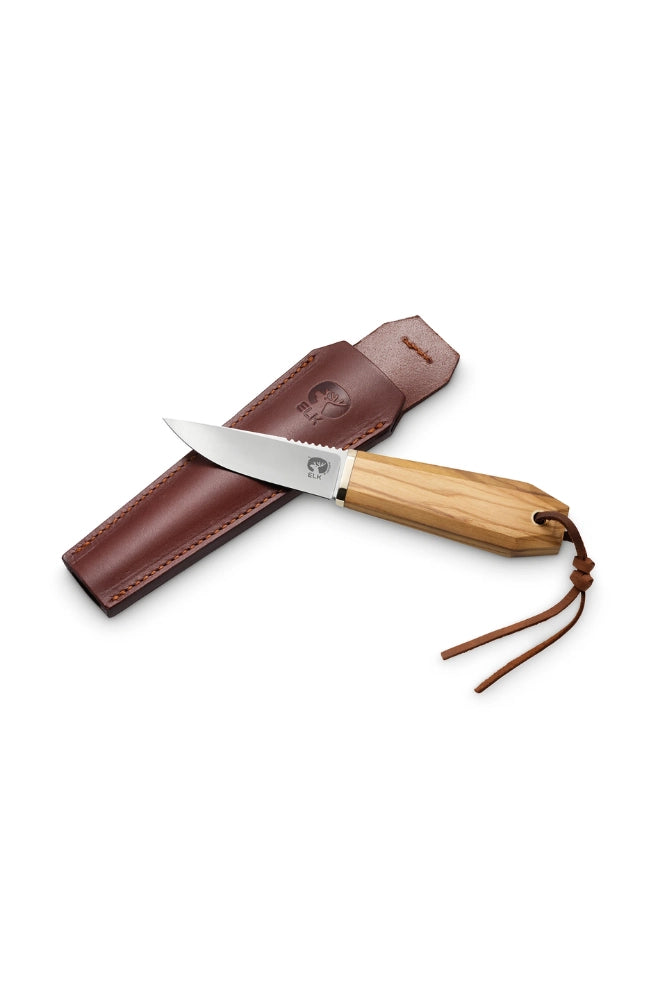 Antonini ELK Messer mit Olivenholzgriff neben der Lederscheide, freigestellt