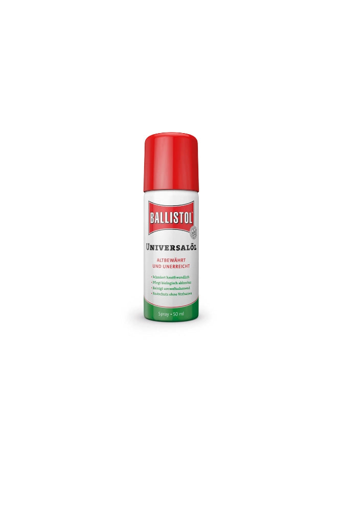 Freigestelltes Produktbild des Ballistol Universalöl Sprays in 200 ml. Bewährtes Allroundöl zur Pflege, Reinigung und zum Schutz von Metall, Holz, Leder und Kunststoff im Outdoor- und Alltagsbereich.