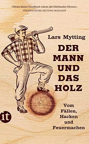 Buchcover „Der Mann und das Holz – Vom Fällen, Hacken und Feuermachen“ von Lars Mytting mit Illustration eines Holzfällers auf hellem Holz-Hintergrund.
