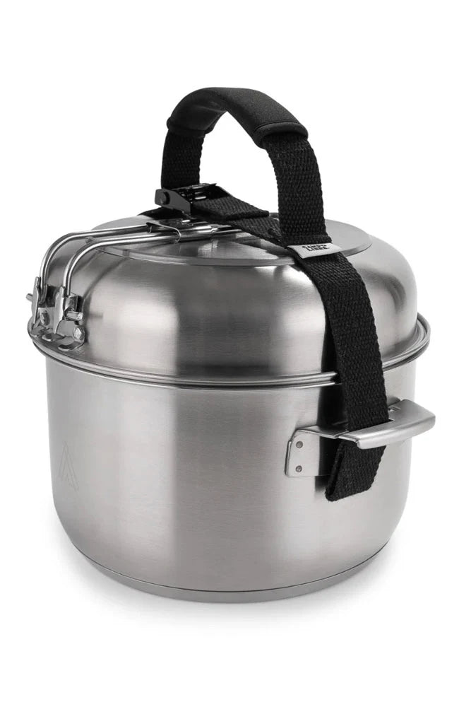 Campo Libre Camping Kochset Enzo 6-teilig – Detailaufnahme des Edelstahl-Topfs mit Deckel, ideal für Outdoor-Küche, Camping, Vanlife und Bushcraft