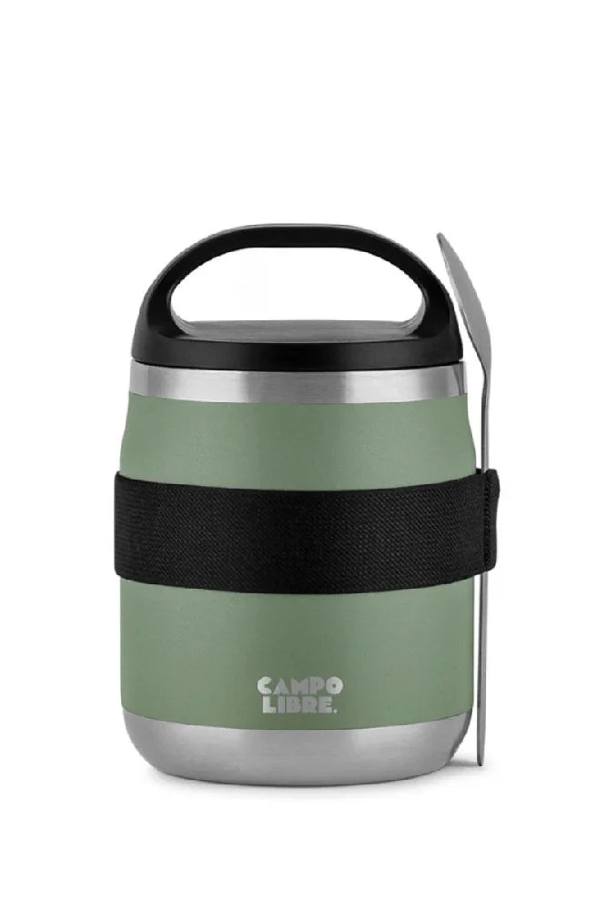 Campo Libre Edelstahl Thermobehaelter Lotta mit Loeffel in Moss Green Gruen als Freisteller fuer Camping Outdoor und Meal Prep